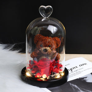 Beauty & Beast Rose Bear in Glass