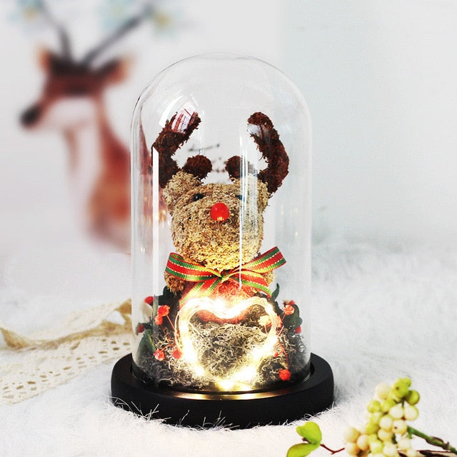 Christmas Rose Reindeer in Glass Dome