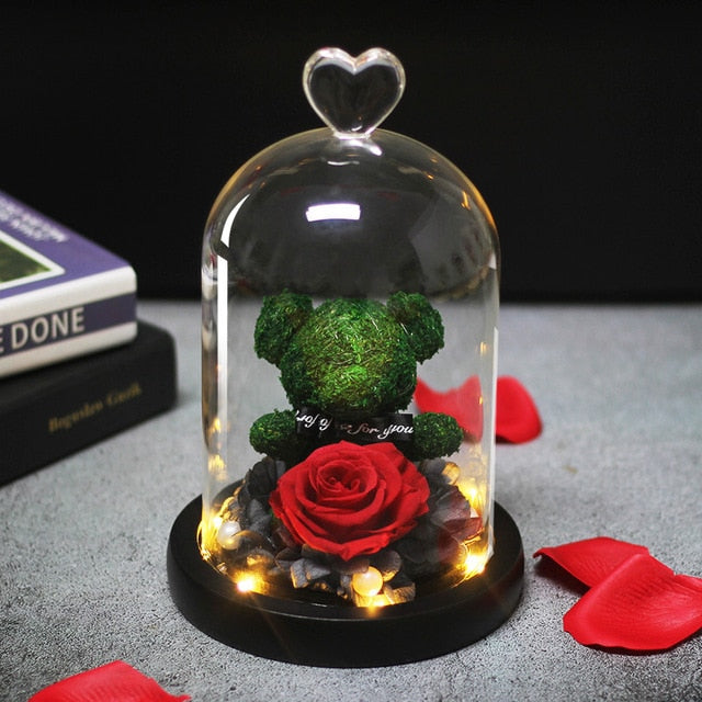 Beauty & Beast Rose Bear in Glass